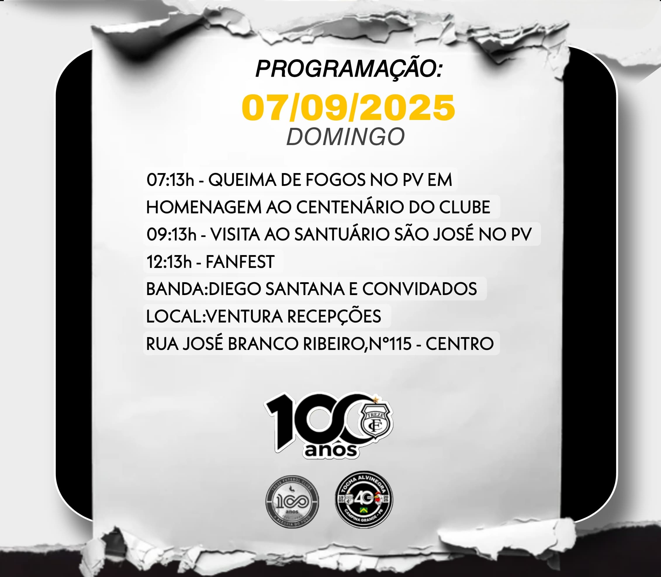 Programação do centenário do Treze no domingo