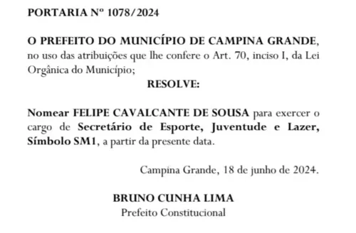 
				
					Bruno nomeia mais um secretário indicado pelo PL em Campina
				
				