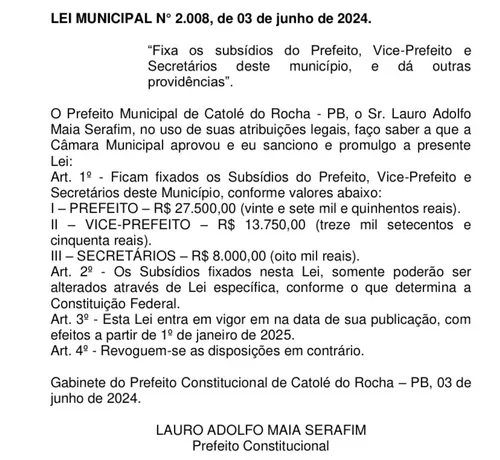 
				
					Câmara aumenta de R$ 14 mil para R$ 27,5 mil salário de prefeito de Catolé do Rocha
				
				