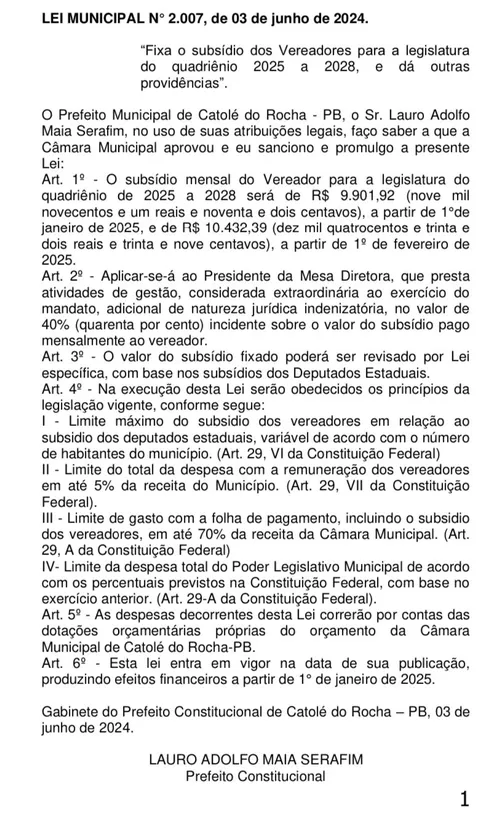 
				
					Câmara aumenta de R$ 14 mil para R$ 27,5 mil salário de prefeito de Catolé do Rocha
				
				