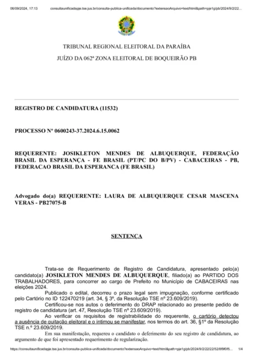 
				
					Candidato a prefeito de Cabaceiras tem pedido de candidatura negado pela Justiça Eleitoral
				
				