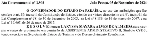 
				
					Ex-aliada de Bruno Cunha Lima, Laryssa Almeida é nomeada para cargo no Governo do Estado
				
				