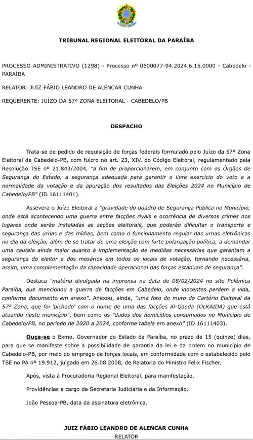 
				
					Facção faz pichação em cartório eleitoral e 'guerra' motivou pedido de tropas federais na Paraíba
				
				