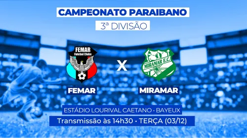 
				
					Femar x Miramar: veja ao vivo e de graça o duelo pela 3ª divisão do Paraibano
				
				