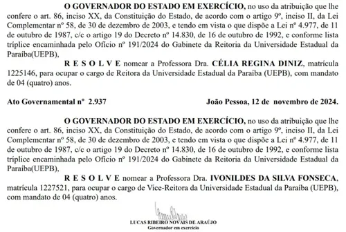 
				
					Governador em exercício, Lucas Ribeiro nomeia Célia Regina para novo mandato como reitora da UEPB
				
				