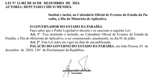 
				
					João Azevêdo sanciona lei que institui dia do motorista de aplicativo na Paraíba
				
				