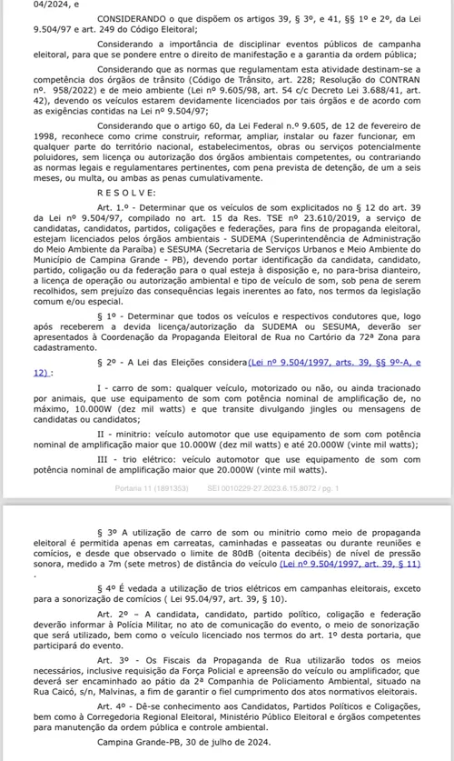 
				
					Justiça disciplina uso de carros de som na campanha em Campina Grande
				
				