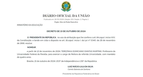 
				
					Lula nomeia Terezinha Domiciano como nova reitora da UFPB
				
				