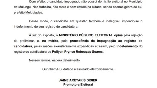 
				
					MPE pede indeferimento de candidato que teria simulado casamento na Paraíba
				
				