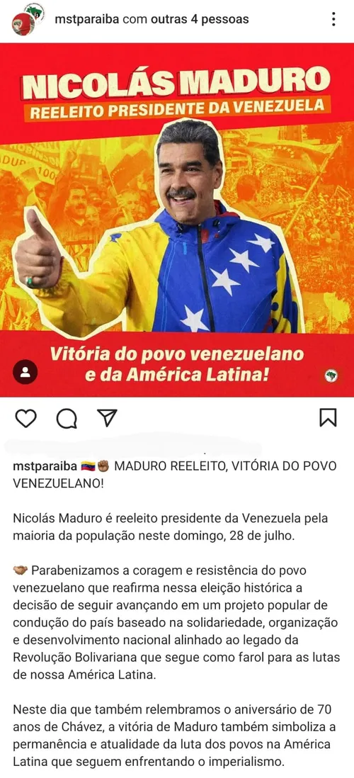 
				
					MST da Paraíba celebra 'reeleição' de Maduro e recebe críticas em rede social
				
				