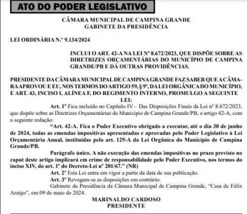 
				
					Marinaldo Cardoso publica no DOE lei que obriga Bruno Cunha Lima a pagar emendas impositivas
				
				