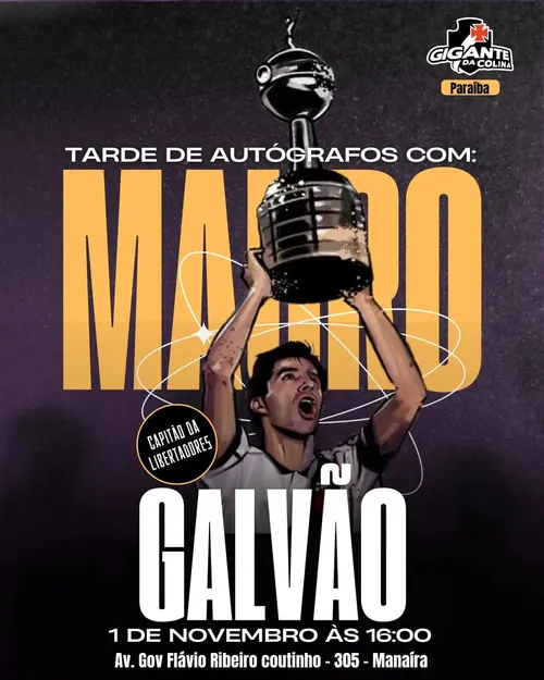 
				
					Mauro Galvão vai promover uma tarde de autógrafos para livro temático do Vasco, em João Pessoa
				
				