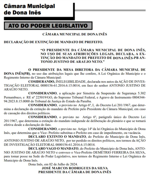 
				
					Prefeito de Dona Inês tem mandato extinto pela Câmara; vice assume o cargo
				
				