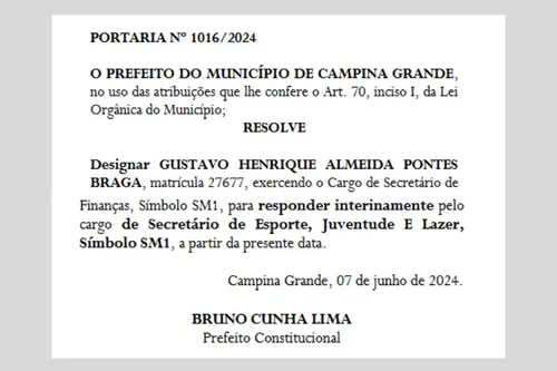 
				
					Secretário de Finanças é nomeado para chefiar mais duas secretarias em Campina Grande
				
				