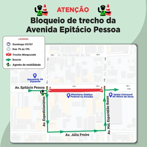 
				
					Trecho da Avenida Epitácio Pessoa, em João Pessoa, é bloqueado neste domingo (7)
				
				