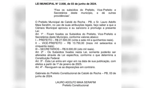 
				
					Câmara aumenta de R$ 14 mil para R$ 27,5 mil salário de prefeito de Catolé do Rocha
				
				