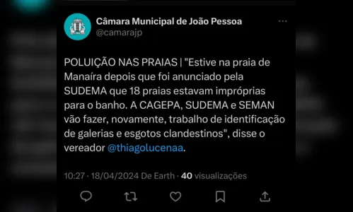 
				
					OPINIÃO: Enfim, deputados e vereadores vão discutir despejo de esgoto nas praias de João Pessoa
				
				