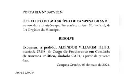 
				
					Presidente do partido de Romero é exonerado da prefeitura de Campina Grande
				
				