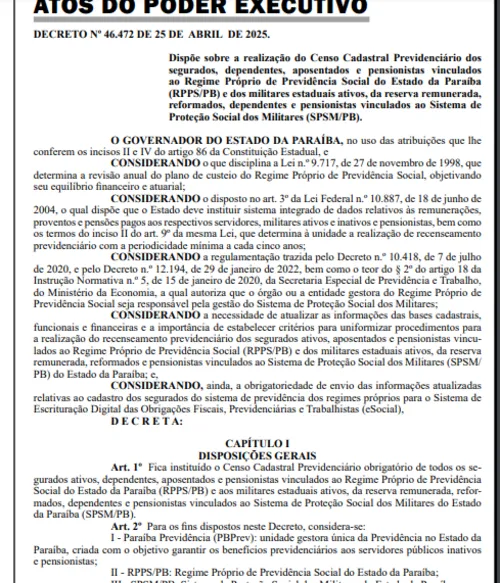
				
					Governo da Paraíba institui Censo Previdenciário para servidores e militares estaduais
				
				