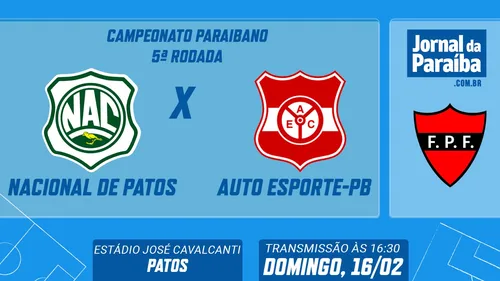 
				
					Nacional de Patos x Auto Esporte-PB pelo Paraibano 2025: assista ao vivo no Jornal da Paraíba
				
				