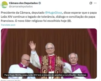 Hugo Motta é 'trocado' em postagem da Câmara sobre Papa Leão XIV e gera reação na internet