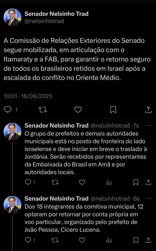 
				
					Cícero e mais 11 autoridades brasileiras retornarão ao Brasil em voo particular, informa senador
				
				
