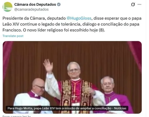 
				
					Hugo Motta e Hugo Gloss brincam com gafe da Câmara sobre Papa Leão XIV
				
				