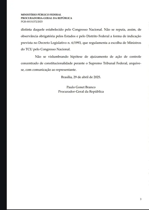 
				
					PGR arquiva pedido para acionar STF contra escolha de Alanna Galdino pela Assembleia
				
				