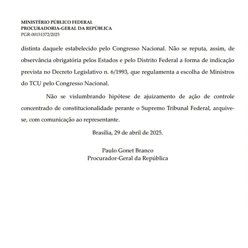 
				
					PGR arquiva pedido para acionar STF contra escolha de Alanna Galdino pela Assembleia
				
				