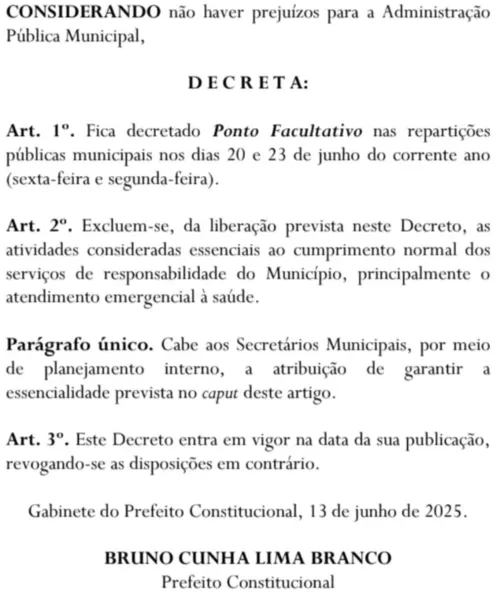 
				
					Prefeitura de Campina decreta dois pontos facultativos e servidores terão 'folga' de seis dias
				
				