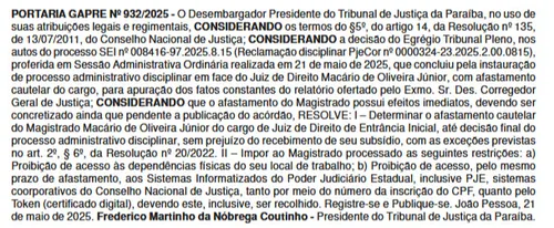 
				
					Tribunal afasta juiz de Cajazeiras e proíbe magistrado de acesso a fórum
				
				