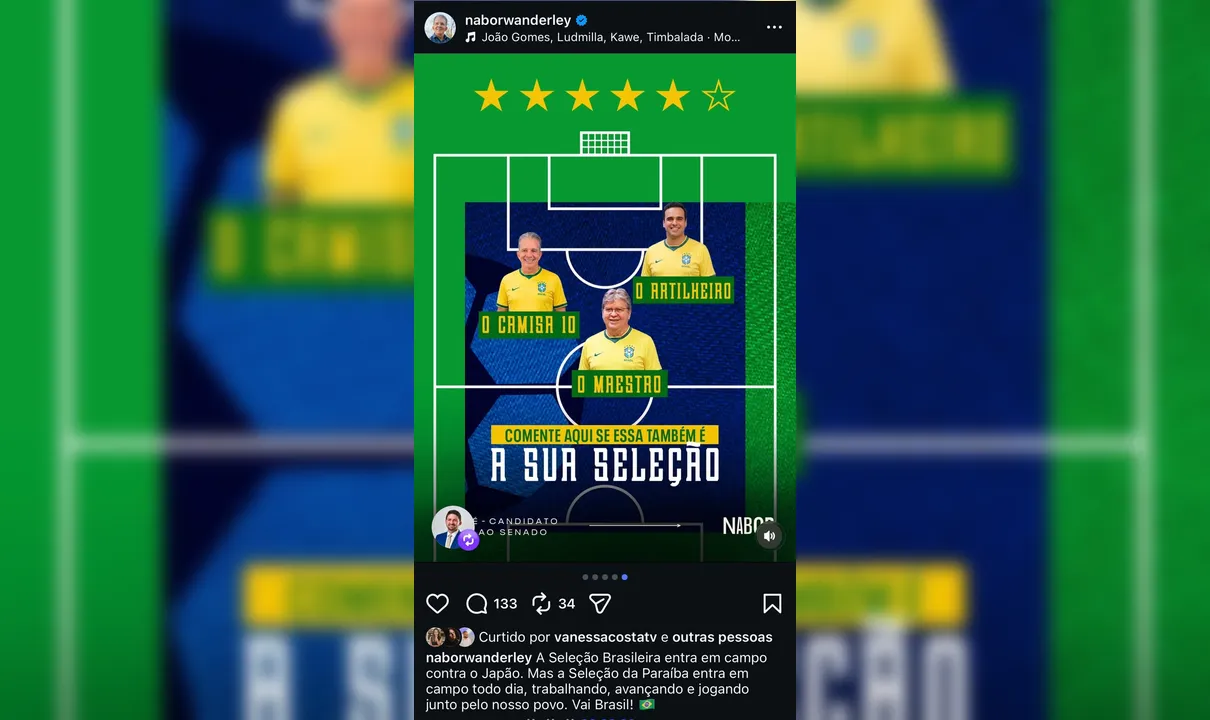 Na seleção da Copa de Nabor, João Azevêdo vai para o meio de campo