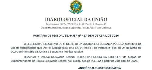 
				
					Governo Federal oficializa saída de Pedro Ivo da Superintendência da PRF na Paraíba
				
				