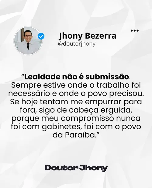 
				
					Jhony quebra silêncio e sinaliza racha com governo João Azevêdo: "Lealdade não é submissão"
				
				