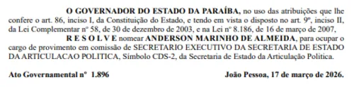 
				
					João nomeia Anderson Pila como secretário executivo de Articulação Política
				
				