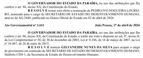 
				
					Lucas anula nomeação de Pedro Ivo, e Neidinha Nunes assume a secretaria de Desenvolvimento Humano
				
				