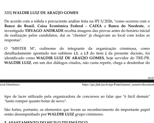 
				
					‘Mister M’: quem é o servidor do TRE-PB investigado por fraudes em concursos pela PF e MPF
				
				