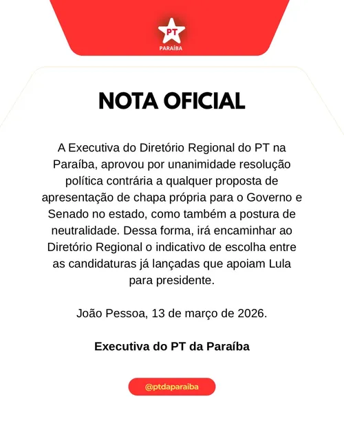 
				
					PT decide não lançar candidatura própria e rejeita neutralidade na disputa ao Governo da Paraíba
				
				