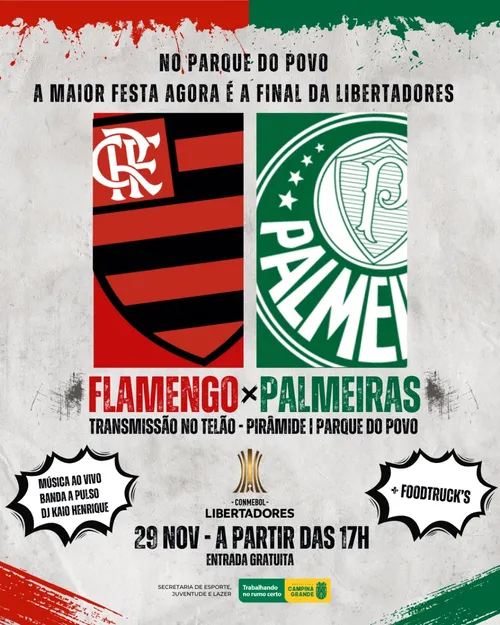 
				
					Palmeiras x Flamengo: Parque do Povo terá telão para a torcida acompanhar a final da Libertadores
				
				