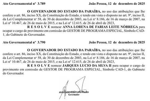 
				
					Pré-candidatos à Assembleia, ex-prefeitos são nomeados por João para cargos no Governo
				
				