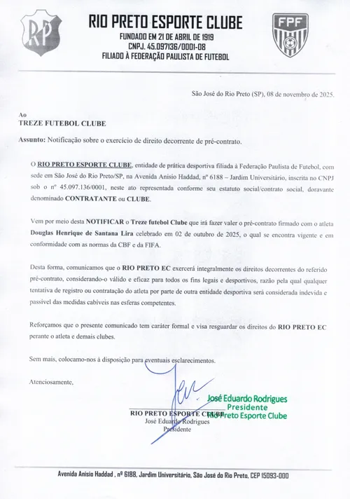 
				
					Rio Preto aciona CBF após alegar ter pré-contrato com atacante anunciado pelo Treze
				
				
