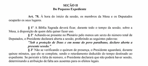 
				
					TJPB declara inconstitucional uso da Bíblia e invocação a Deus na abertura das sessões da ALPB
				
				