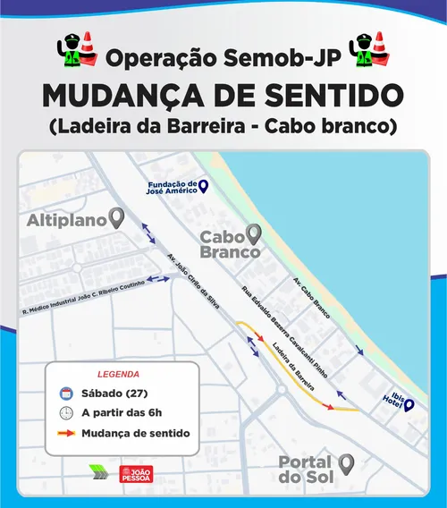 
				
					Trânsito na ladeira do Cabo Branco, em João Pessoa, vai sofrer alterações a partir de sábado (27)
				
				