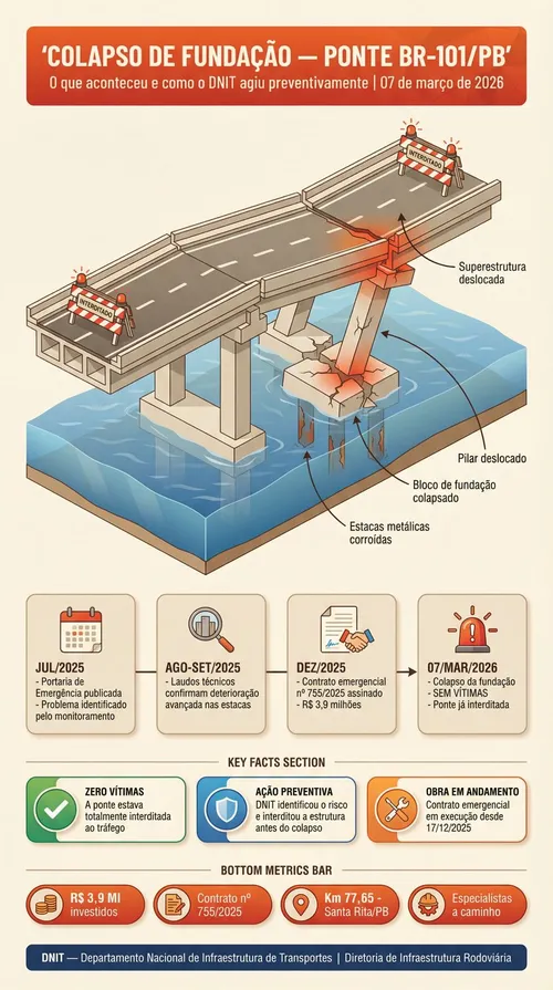 
				
					Vídeo mostra danos após trecho de ponte ceder em Santa Rita, na Grande João Pessoa
				
				