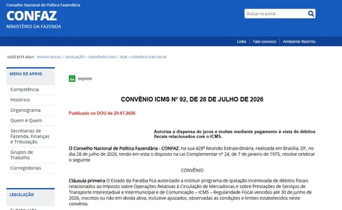 
					CONFAZ autoriza Paraíba a criar programa com perdão de juros e multas para dívidas de ICMS
				
				