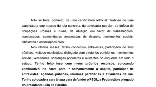 
					Em carta, Olímpio pede recursos ao PSOL e diz que paga combustível para manter pré-campanha
				
				