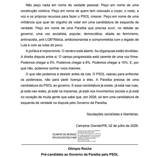 
					Em carta, Olímpio pede recursos ao PSOL e diz que paga combustível para manter pré-campanha
				
				