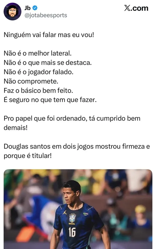 
					Lateral "feijão com arroz”, Douglas Santos cai nas graças dos brasileiros após atuações na Copa
				
				