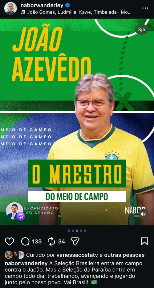 
					Na seleção da Copa de Nabor, João Azevêdo vai para o meio de campo
				
				