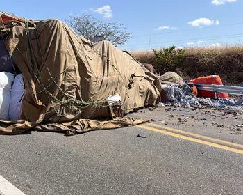 Motorista fica ferido após veículo de carga tombar na BR-230, em Pombal